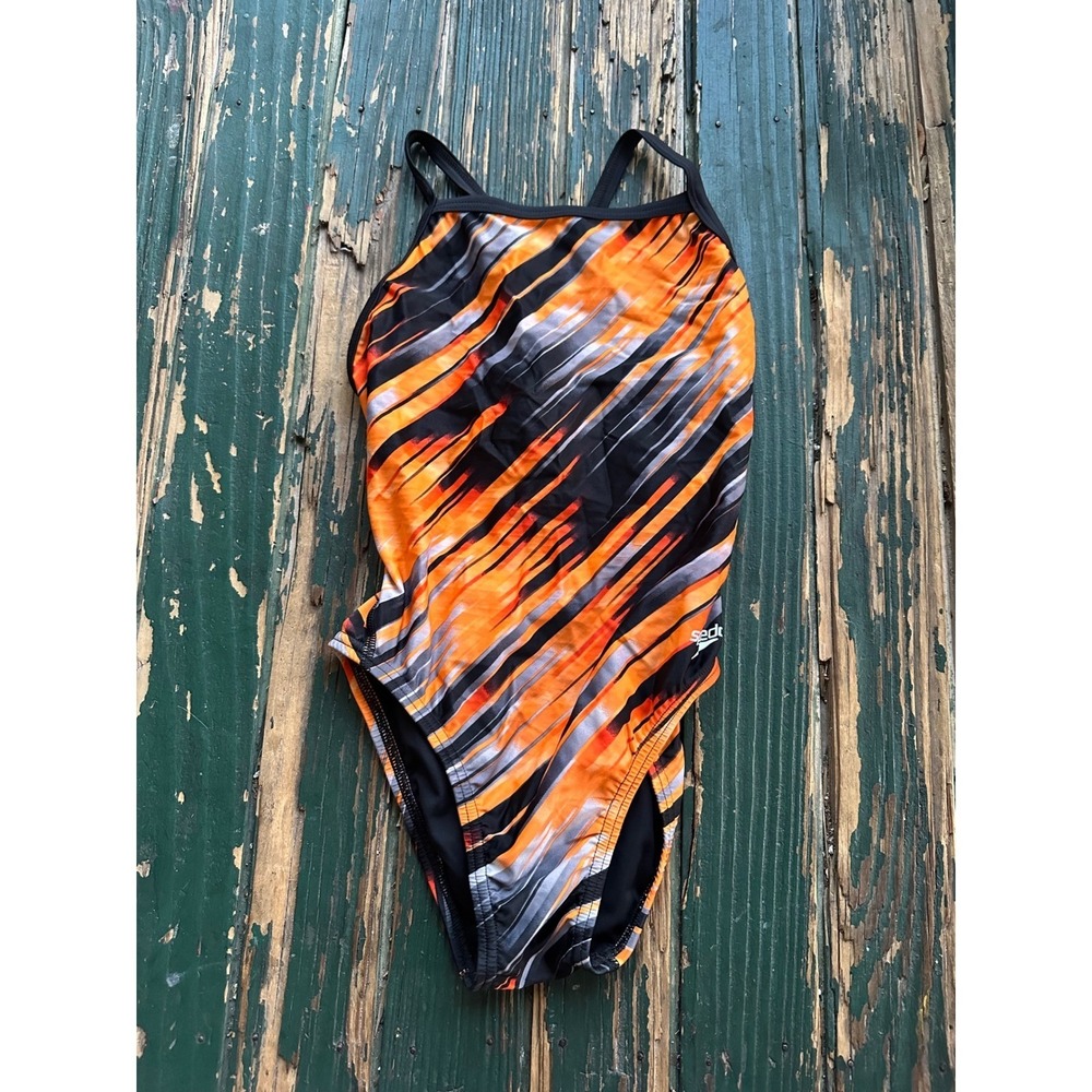 Speedo PowerFlex Eco One Piece Swimsuit Orange Black Abstract Size 28 Womens